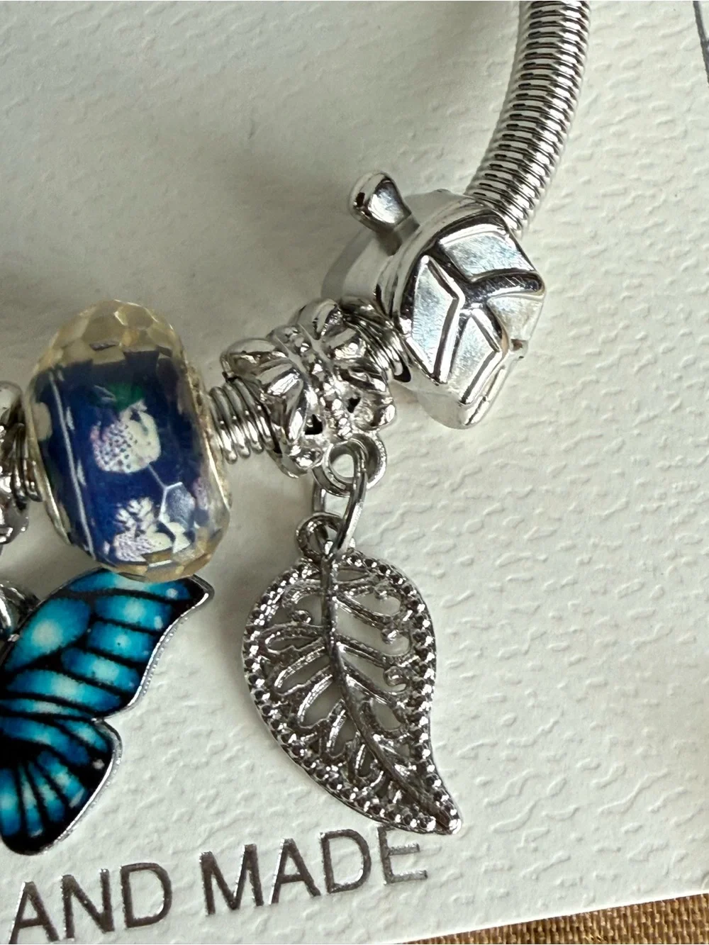 Mint Silver Charm Bracelet with Blue Butterfly and Navy Glass Beads